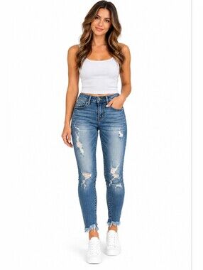 Kancan Size 26 Distressed Skinny Jeans Frayed Hem Medium Wash